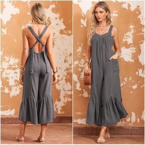 025 Crinkle Loose Fit Pockets Ruffle Hem Wide Leg Jumpsuit